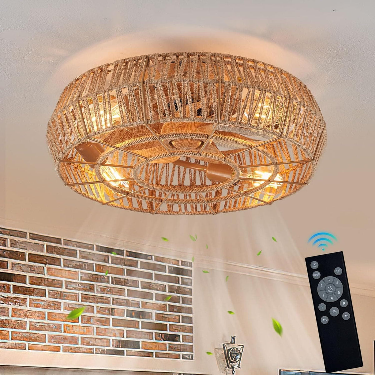 Boho Ceiling Fan with Light and Remote, Retractable Rattan Caged Fande ...