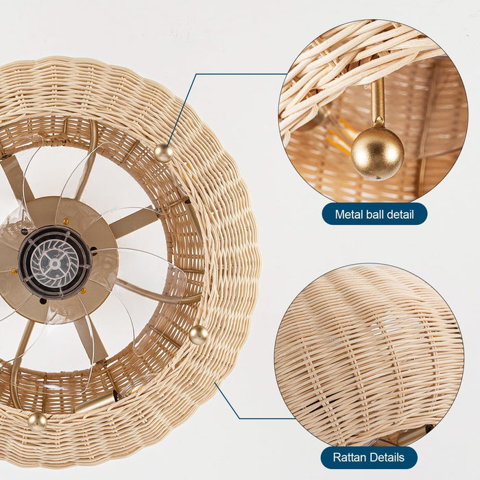 Boho Rattan Ceiling Fan with Light and Remote, Reversible Ceiling Fan Winter Summer, Caged Fan for Living Room Bedroom Dining Room Kitchen-6-ErisView