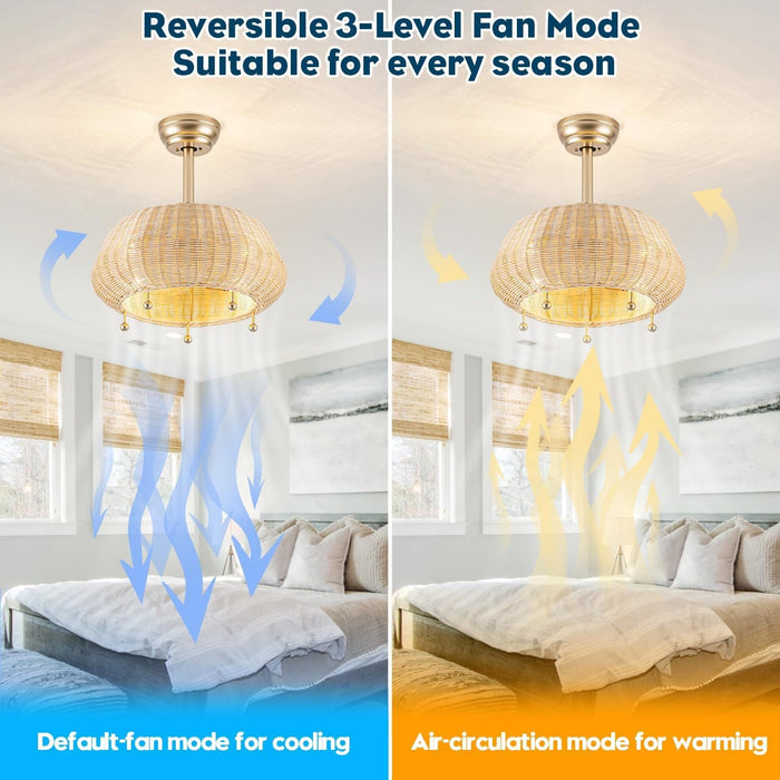 Boho Rattan Ceiling Fan with Light and Remote, Reversible Ceiling Fan Winter Summer, Caged Fan for Living Room Bedroom Dining Room Kitchen-8-ErisView