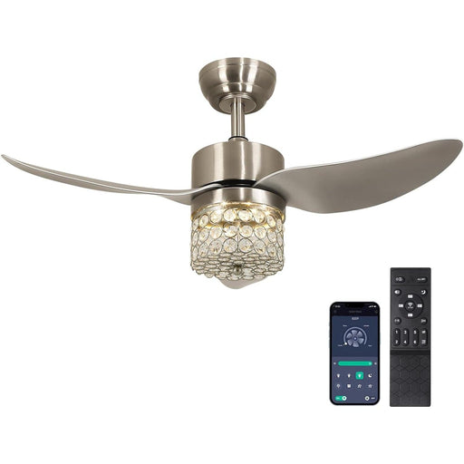 Brush Nickel Crystal Ceiling Fan with Lights and Remote, Modern LED Dimming Reversible Low Profile Ceiling Fan for Bedroom Living Room-1-ErisView