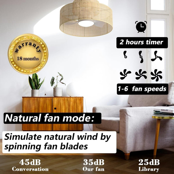 Caged Bamboo Ceiling Fan with Light and Remote, Drum Shaped Rattan Wicker Fandelier for Bedroom, 3 Blade Ceiling Fan Light Fixture for Kitchen-6-ErisView