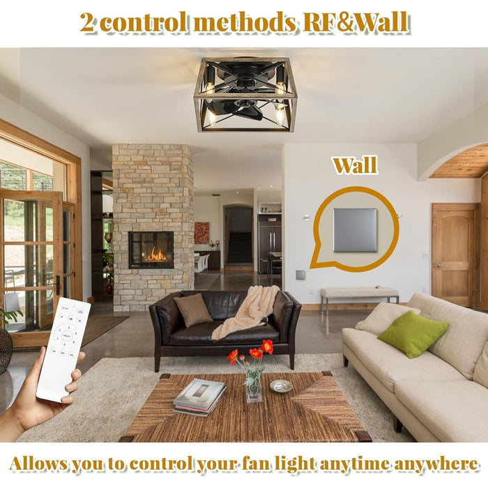 Caged Ceiling Fan with Light, Flush Mount Low Ceiling Fan and Light and Remote for Living Room Kitchen, Farmhouse Ceiling Fan with Light-7-ErisView