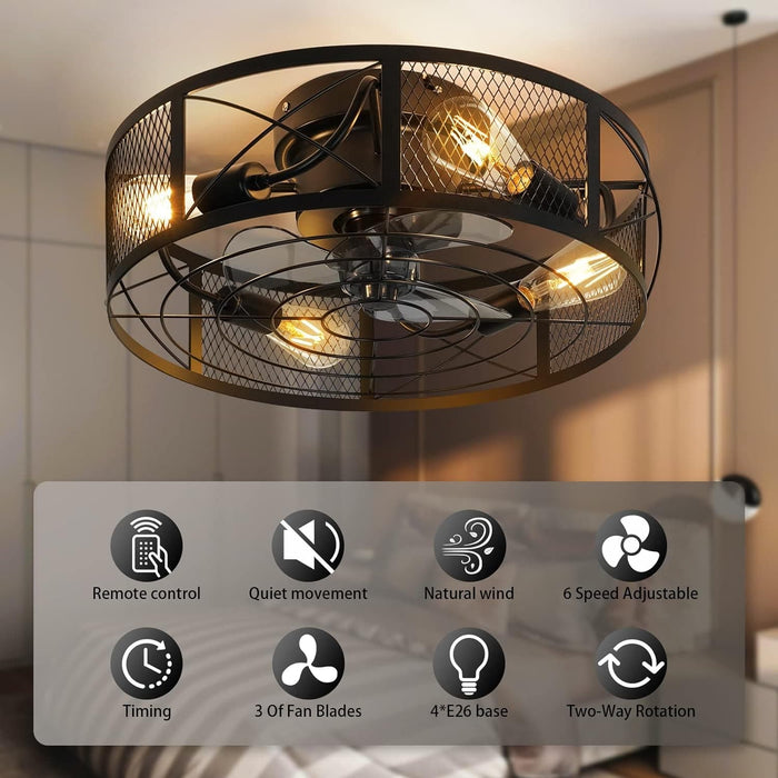 Caged Ceiling Fan with Light Remote Control 20 in. Small Black Industrial Low Profile Ceiling Fan, Reversible Quiet Ceiling Fans -4-ErisView