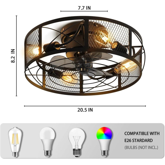 Caged Ceiling Fan with Light Remote Control 20 in. Small Black Industrial Low Profile Ceiling Fan, Reversible Quiet Ceiling Fans -5-ErisView