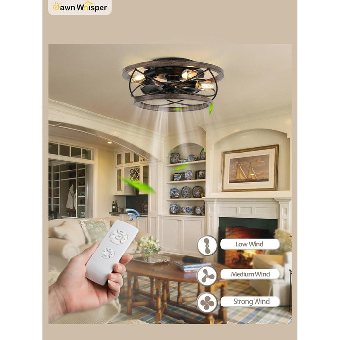 Caged Ceiling Fan with Lights, Low Profile Flush Mount Ceiling Fan with Lights, Farmhouse Industrial Ceiling Fans for Bedroom Living Room Dining Room-3-ErisView