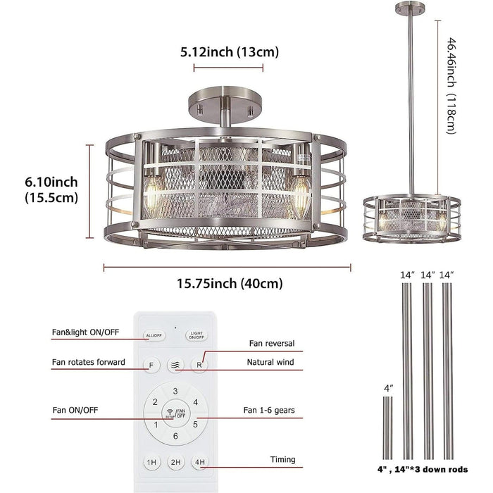 Caged Chrome Brushed Nickel Ceiling Fandelier with Light and Remote, Modern Small Bladeless Ceiling Fan Light for Kitchen Dining Room Living Room-6-ErisView