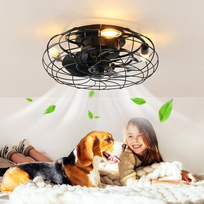 Caged Enclosed Low Ceiling Fan, Bladeless Ceiling Fan with Light and Remote Control, Industrial Fandelier Flush Mount-3-ErisView