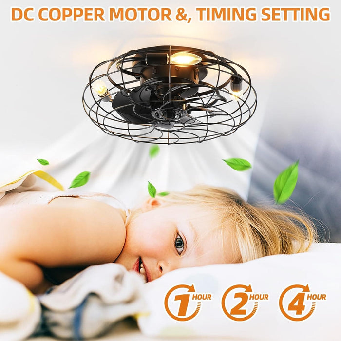 Caged Enclosed Low Ceiling Fan, Bladeless Ceiling Fan with Light and Remote Control, Industrial Fandelier Flush Mount-5-ErisView