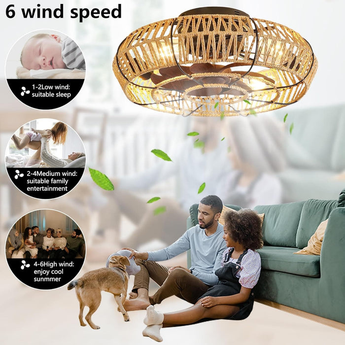 Caged Low Ceiling Fan with Light and Remote, Boho Farmhouse Rattan Ceiling Fan, Enclosed Ceiling Fan, Fandelier for Bedroom Dining Room Living Room Kitchen-5-ErisView