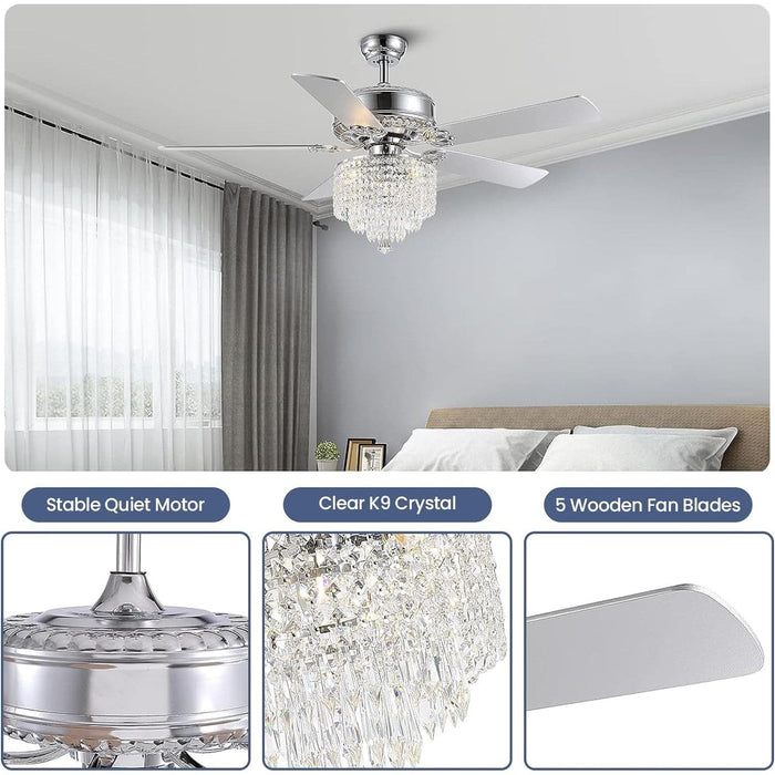 Chrome Crystal Ceiling Fan, Modern Fan with Light Chandelier with Remote, Reversible Ceiling Fan Light Fixture for Bedroom Dining Room-5-ErisView