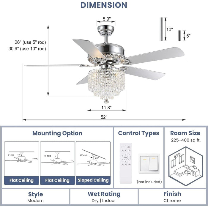 Chrome Crystal Ceiling Fan, Modern Fan with Light Chandelier with Remote, Reversible Ceiling Fan Light Fixture for Bedroom Dining Room-6-ErisView