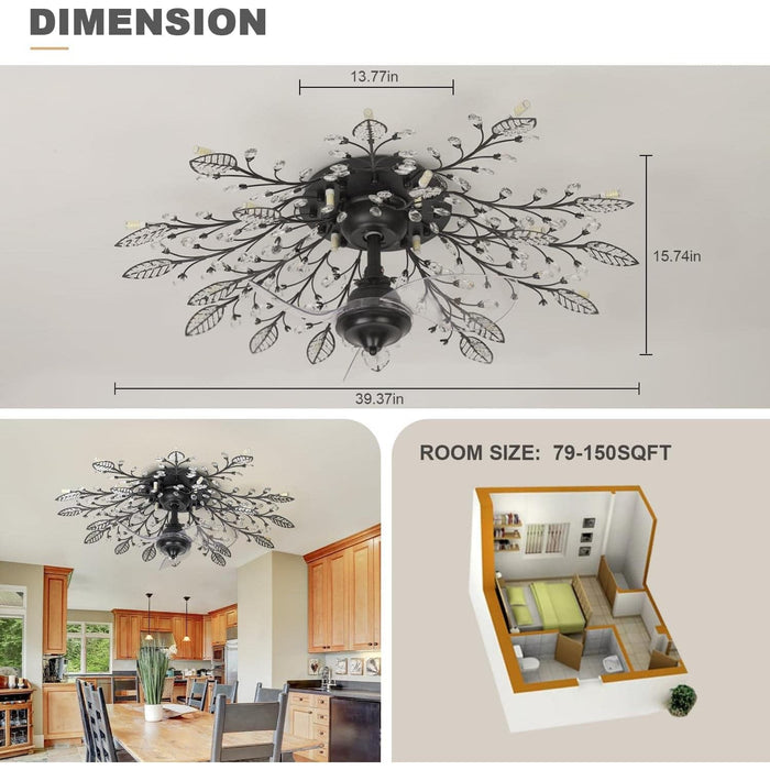 Crystal Ceiling Fan with Lights and Remote, Modern Low Profile Reversible Ceiling Fan Low Noise Ceiling Fan for Living Room Bedroom Kitchen-6-ErisView