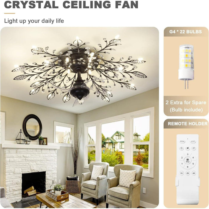 Crystal Ceiling Fan with Lights and Remote, Modern Low Profile Reversible Ceiling Fan Low Noise Ceiling Fan for Living Room Bedroom Kitchen-8-ErisView