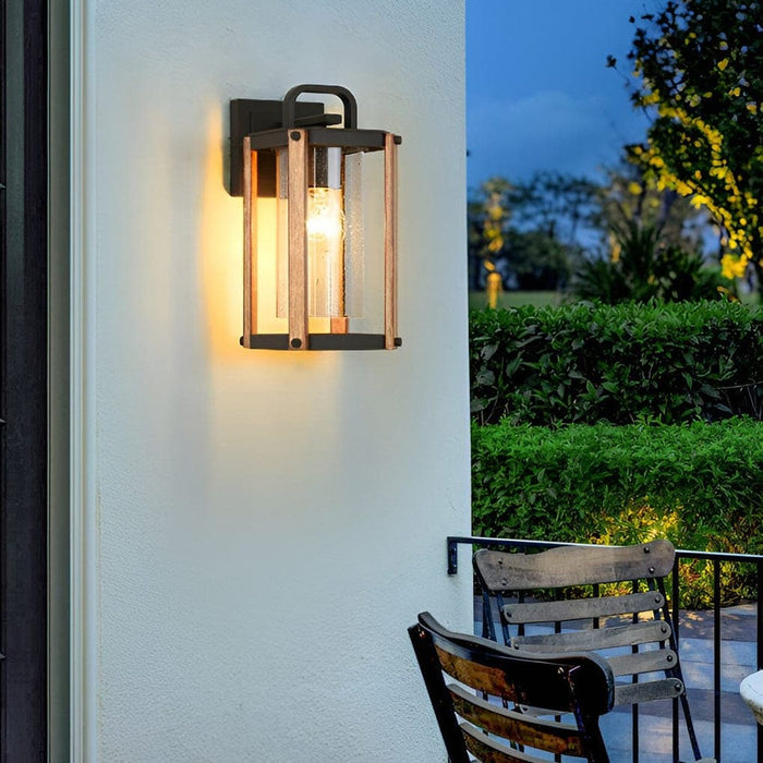 Durable Die-Cast Aluminum Outdoor Wall Light with Wood Grain Iron Stand and High Transmittance Glass Lampshade for a Warm, Classy Ambiance-ErisView-4