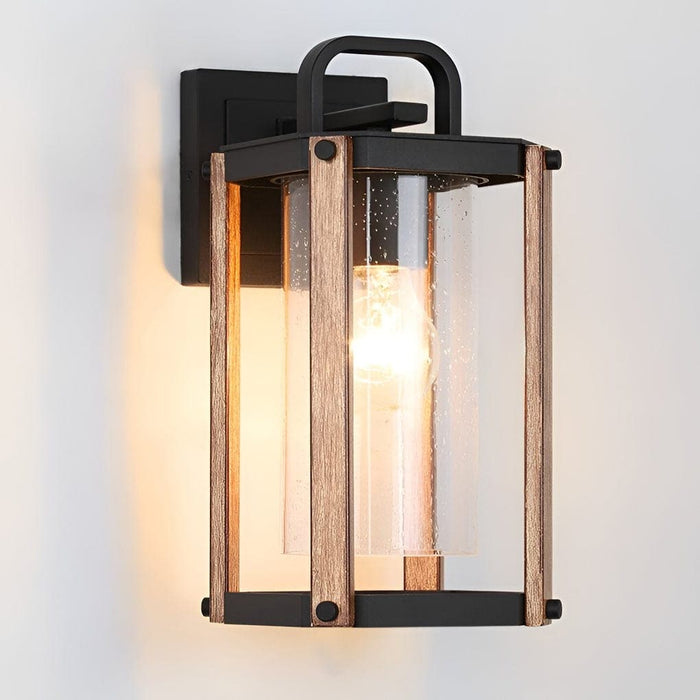 Durable Die-Cast Aluminum Outdoor Wall Light with Wood Grain Iron Stand and High Transmittance Glass Lampshade for a Warm, Classy Ambiance-ErisView-8