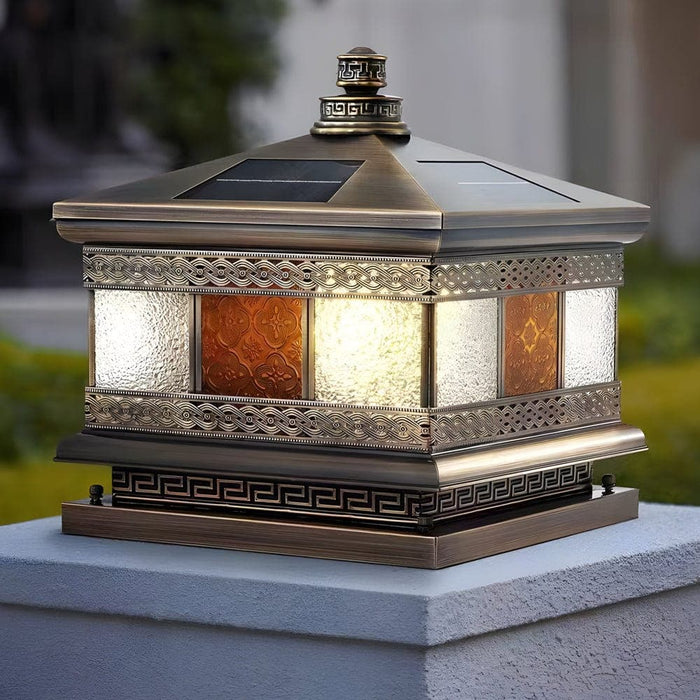 Elegant Copper Column Lamp with Thickened Glass Shade, Bronze Finish, and Solar or Hardwired Options for Gardens, Patios, and Parks-ErisView-1