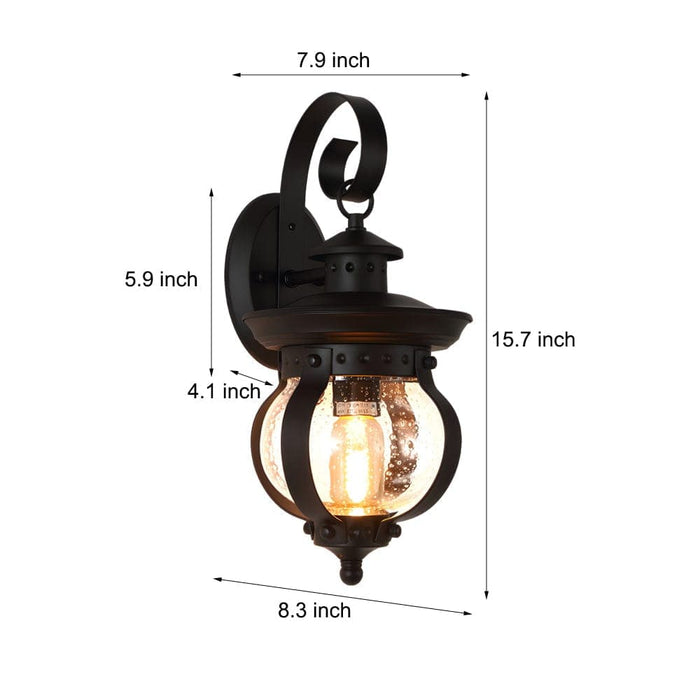 Elegant Matte Black Outdoor Wall Light with Seeded Glass Shade and Curved Arm, High-Quality Iron and Art Glass Lantern for Timeless Charm-ErisView-7