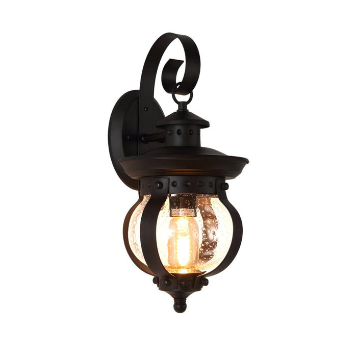 Elegant Matte Black Outdoor Wall Light with Seeded Glass Shade and Curved Arm, High-Quality Iron and Art Glass Lantern for Timeless Charm-ErisView-8