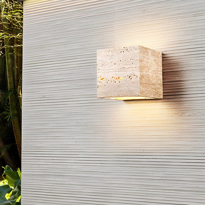 Elegant Yellow Travertine Stone Wall Sconce with LED Warm White Light, Waterproof Design for Indoor and Outdoor Use, Japanese Wabi-Sabi Style-ErisView-9