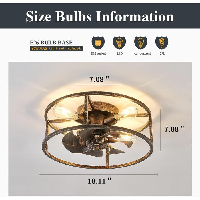 Farmhouse Bronze Caged Flush Mount Remote Control Fan, Metal Blade Low Profile Fan Ceiling Fan for Dining Room Bedroom Kitchen Living Room-2-ErisView