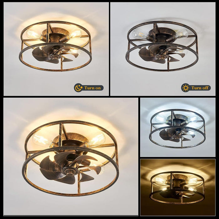 Farmhouse Bronze Caged Flush Mount Remote Control Fan, Metal Blade Low Profile Fan Ceiling Fan for Dining Room Bedroom Kitchen Living Room-3-ErisView