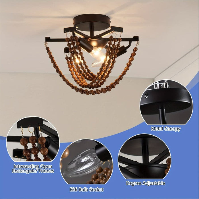 Farmhouse Semi Flush Mount Ceiling Light with Wood Beaded, Industrial 3-Lights Close to Ceiling Light Chandelier for Sloped Ceiling Kitchen Bedroom Dining Room Porch-ErisView