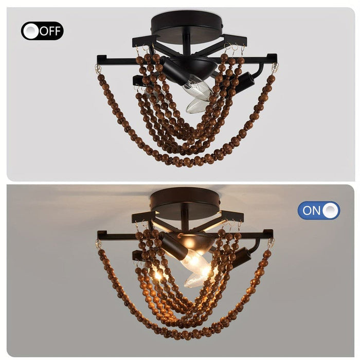 Farmhouse Semi Flush Mount Ceiling Light with Wood Beaded, Industrial 3-Lights Close to Ceiling Light Chandelier for Sloped Ceiling Kitchen Bedroom Dining Room Porch-ErisView