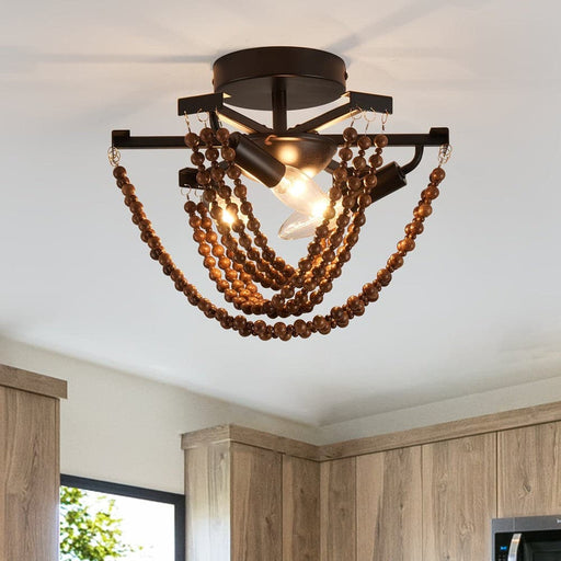 Farmhouse Semi Flush Mount Ceiling Light with Wood Beaded, Industrial 3-Lights Close to Ceiling Light Chandelier for Sloped Ceiling Kitchen Bedroom Dining Room Porch-ErisView