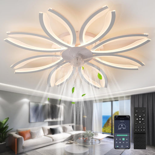 Flower Ceiling Fan, Modern Ceiling Fan with Light and Remote, Living Room Fan with Light, Dimmable Bladeless Low Profile Flush Mount Ceiling Fan-1-ErisView