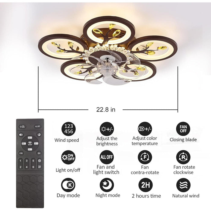 Flower Remote Control Ceiling Fan with Light, Silent Dimmable Invisible Ceiling Fan for Bedroom Living Room, Brown Decorative Ceiling Fans-2-ErisView