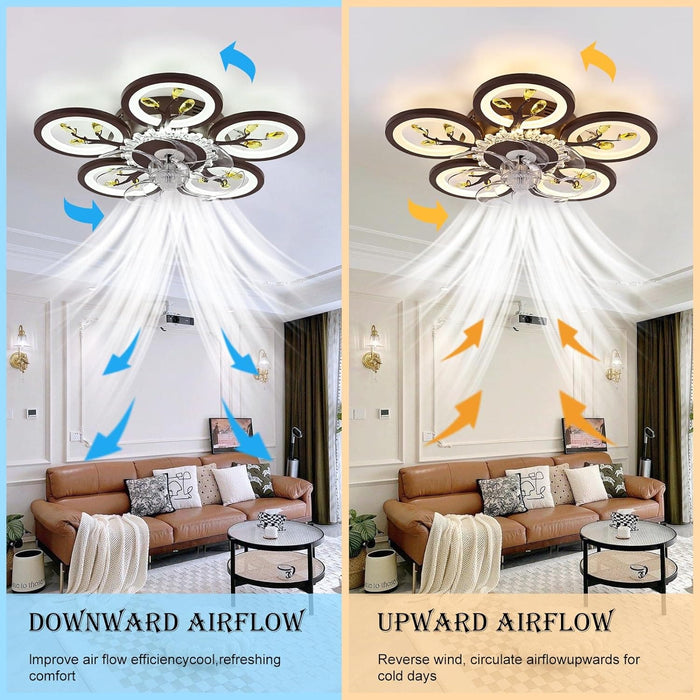 Flower Remote Control Ceiling Fan with Light, Silent Dimmable Invisible Ceiling Fan for Bedroom Living Room, Brown Decorative Ceiling Fans-4-ErisView