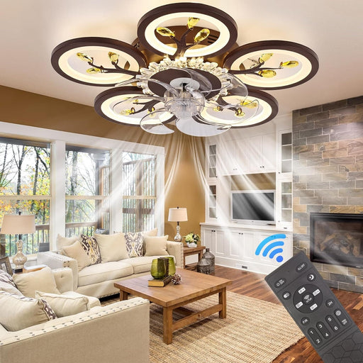 Flower Remote Control Ceiling Fan with Light, Silent Dimmable Invisible Ceiling Fan for Bedroom Living Room, Brown Decorative Ceiling Fans-1-ErisView