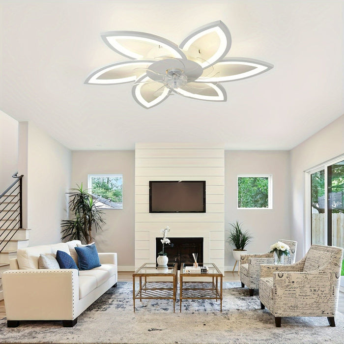 Flower-Shaped LED Ceiling Fan with Remote Control, Modern Flush Mount Dimmable Ceiling Light for Bedroom Living Room Kitchen-White-ErisView