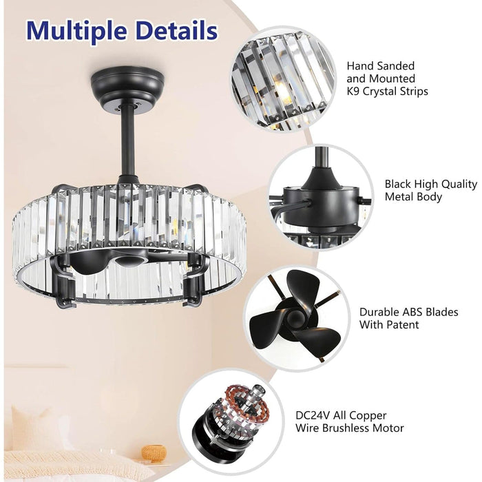 Flush Mount Chandelier Fan with Remote Control, Black Modern Crystal Caged Ceiling Fan for Living Room Bedroom -3-ErisView