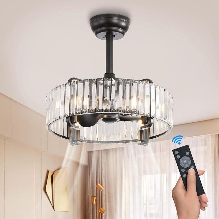 Flush Mount Chandelier Fan with Remote Control, Black Modern Crystal Caged Ceiling Fan for Living Room Bedroom -9-ErisView