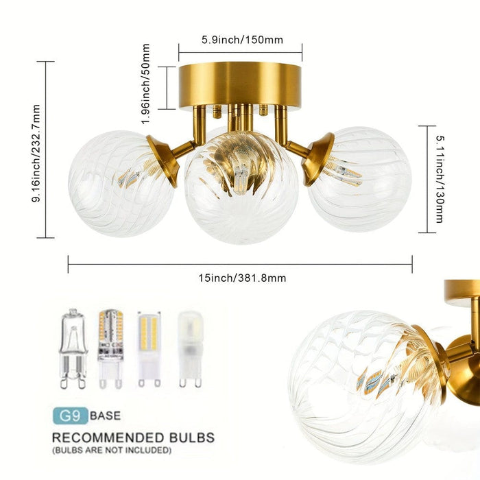 Gold Semi-Flush Mount Ceiling Light with Bubble Rotating Glass, 4-Light Small Chandelier for Living Room Kitchen Dining Room Bedroom Study Bathroom-ErisView