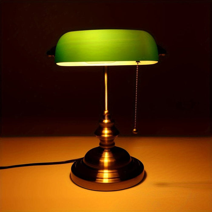 Green Glass Banker Lamp Desk Lamp with Pull Chain Switch Bronze Finish Base for Workplace Home Office Library Piano-ErisView