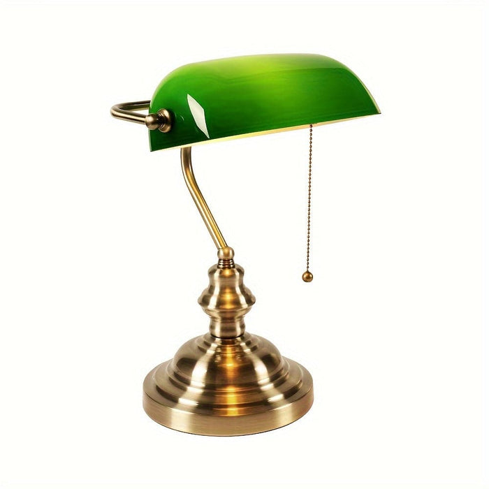 Green Glass Banker Lamp Desk Lamp with Pull Chain Switch Bronze Finish Base for Workplace Home Office Library Piano-ErisView