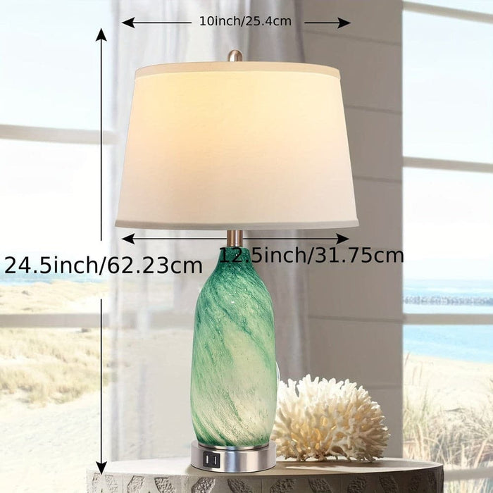 Green Table Lamp Bedside Lamp Desk Lamp with 2 USB Ports Built-in LED Light White Shade, Coastal Modern Nightstand Lamp for Living Room Bedroom Office Décor-ErisView