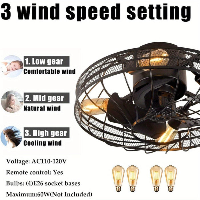 Industrial Small Flush Mount Ceiling Fan with Light and Remote Control, Black Low Profile Bladeless Ceiling Fan Light-ErisView