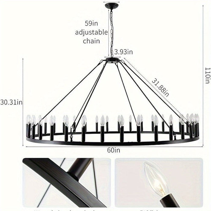 Large Black Wagon Wheel Chandelier Pendant Light with 36 Candle Lights-ErisView