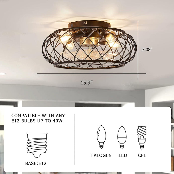 Low Profile Caged Ceiling Fan with Light Remote, Modern Black Ceiling Fan without Blades, Small Industrial Ceiling Fans for Kitchen Bedroom Living Room-3-ErisView