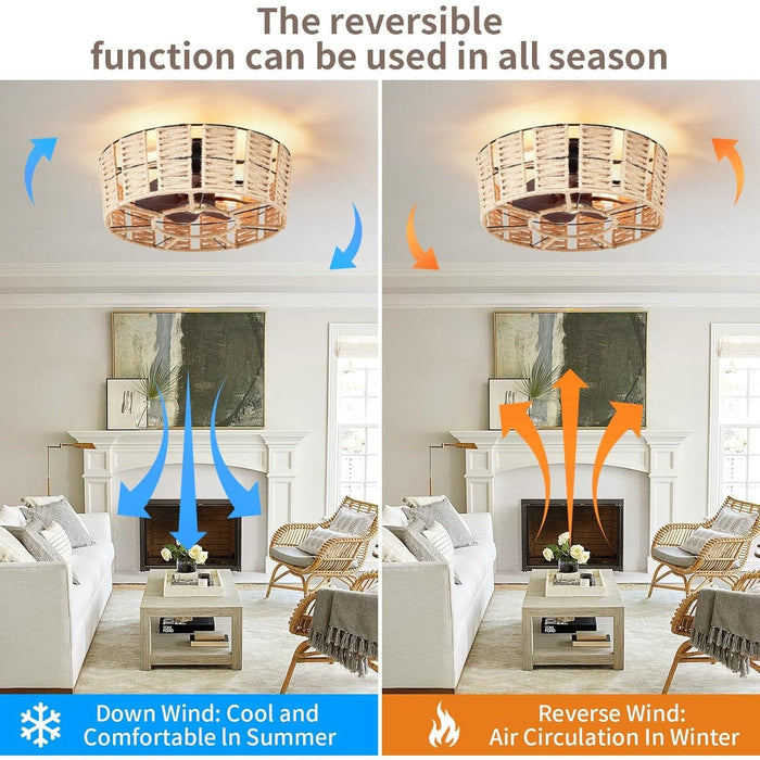 Low Profile Enclosed Caged Ceiling Fan with Lights and Remote, Boho Flush Mount Rattan Ceiling Fan, Reversible Ceiling Fan Winter Summer-2-ErisView