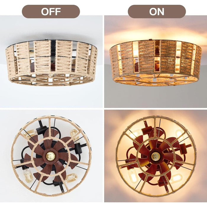 Low Profile Enclosed Caged Ceiling Fan with Lights and Remote, Boho Flush Mount Rattan Ceiling Fan, Reversible Ceiling Fan Winter Summer-4-ErisView