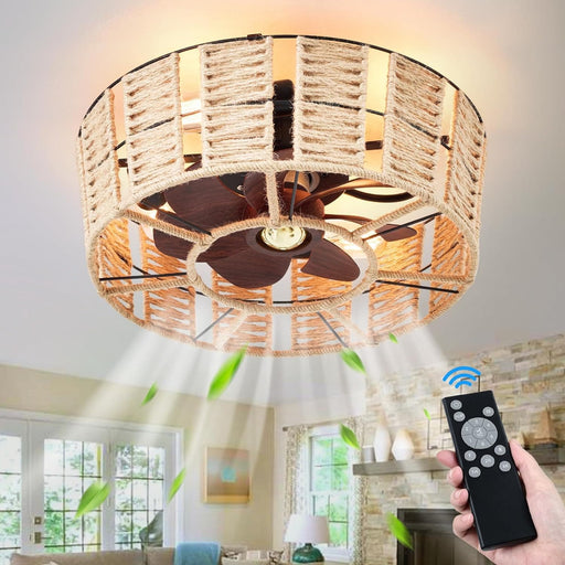 Low Profile Enclosed Caged Ceiling Fan with Lights and Remote, Boho Flush Mount Rattan Ceiling Fan, Reversible Ceiling Fan Winter Summer-1-ErisView