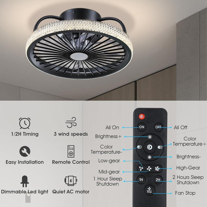 Low Profile Flush Mount Ceiling Fan with Lights and Remote, Small Black Modern Bladeless Enclosed Ceiling Fan Light Fixture for Bedroom Kitchen-6-ErisView