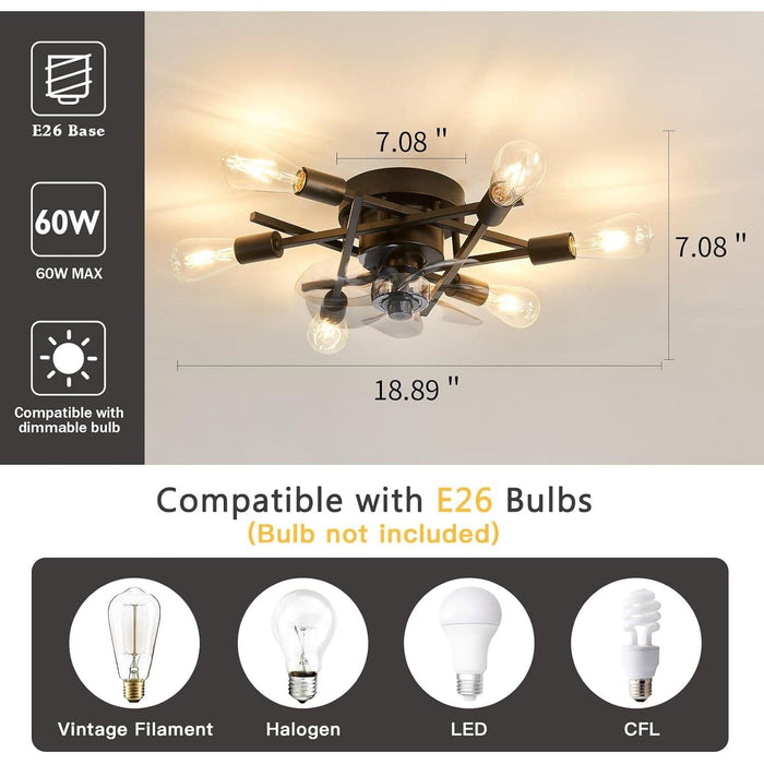 Modern Black Matte Ceiling Fan with Light, Industrial Low Profile Flush Mount Fandelier with Remote Control for Kitchen Dining Room Living Room-2-ErisView