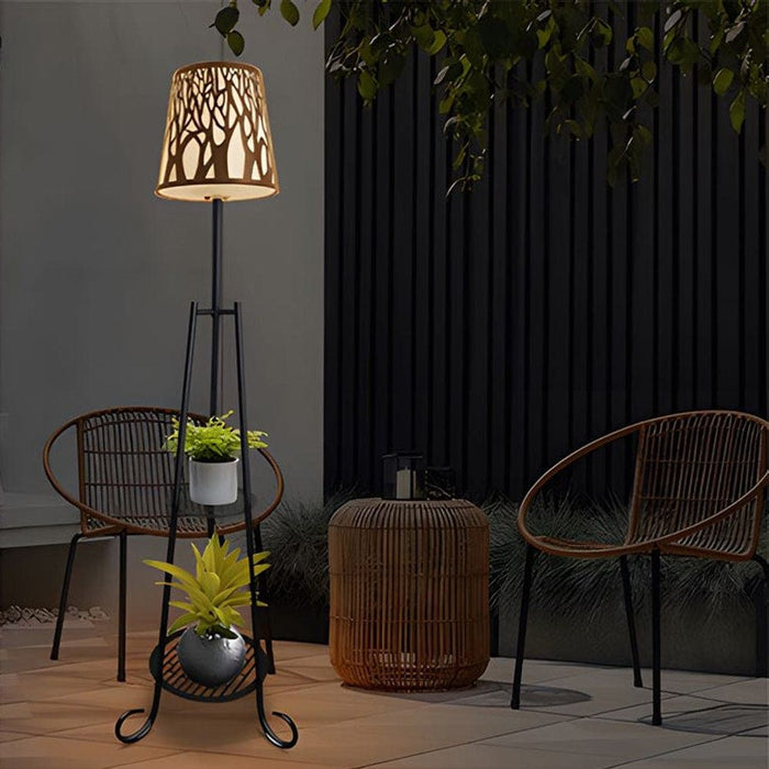 Modern Black Metal Solar-Powered Outdoor Floor Lamp with Dual Plant Stands, White PE Shade, Remote Control, and USB Charging Cable-ErisView-3