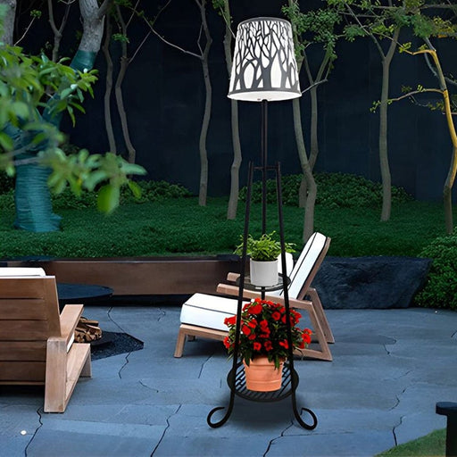 Modern Black Metal Solar-Powered Outdoor Floor Lamp with Dual Plant Stands, White PE Shade, Remote Control, and USB Charging Cable-ErisView-1