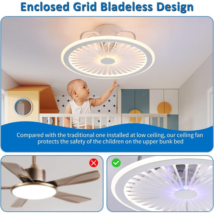 Modern Ceiling Fan with Low Profile Light and Remote, White Flush Mount Bladeless Ceiling Fandelier for Bedroom Living Room-5-ErisView